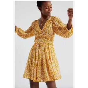 Anthropologie Not So Serious Dress Women Small Marigold Mini Balloon Sleeve Boho